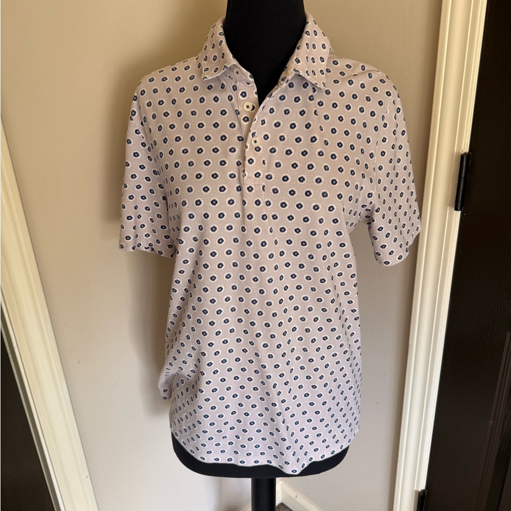 Ted Baker White and Blue Polo Shirt with Geometric Pattern